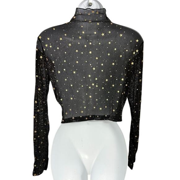 Black Mesh Crop Top Sz M Gold Stars Mock Neck Long-Sleeve Blouse Stretch - Picture 6 of 10